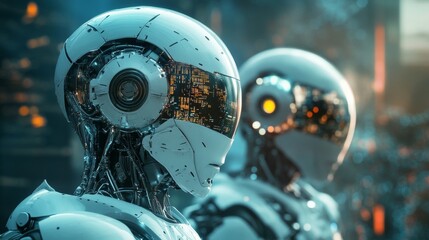 Fototapeta premium A futuristic AI war between the US and other nations, robotic soldiers, sci-fi aesthetics,