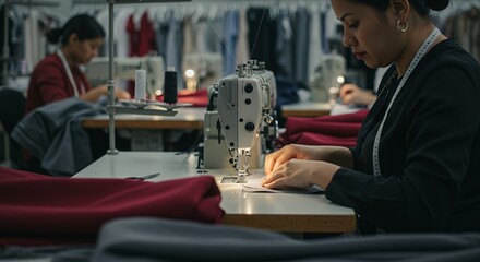 Woman operates a sewing machine in a garment factory environment