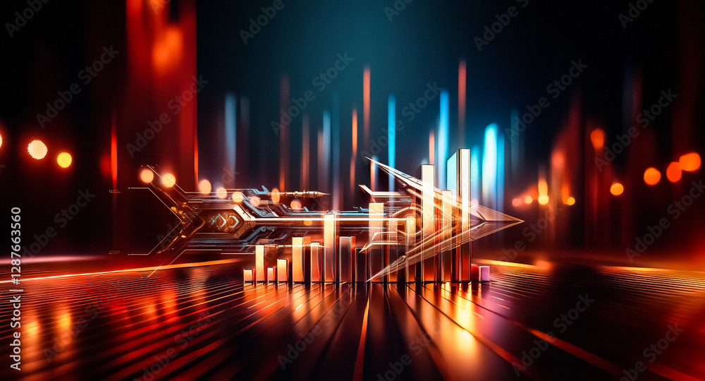 Poster a detailed, ornate arrow with a bronze and blue metallic finish points right on a dark backdrop, sho