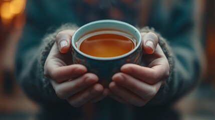 Hands holding a warm cup of herbal tea closeup view