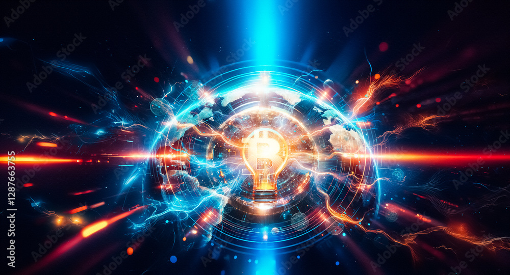 Aufkleber a glowing bitcoin symbol dominates a digital globe in space. smaller glowing circles orbit the earth