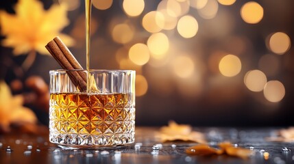 Artistic shot of a Maple Bourbon Old Fashioned in a vintage glass, maple syrup drizzling down, cinnamon stick and orange zest, autumn decor behind