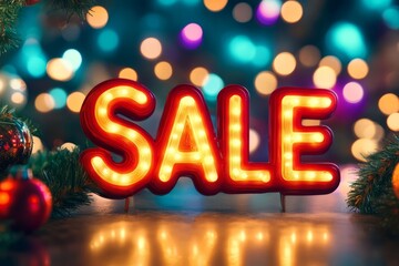 Illuminated sale sign displayed on snowy surface with christmas decorations, promoting holiday discounts