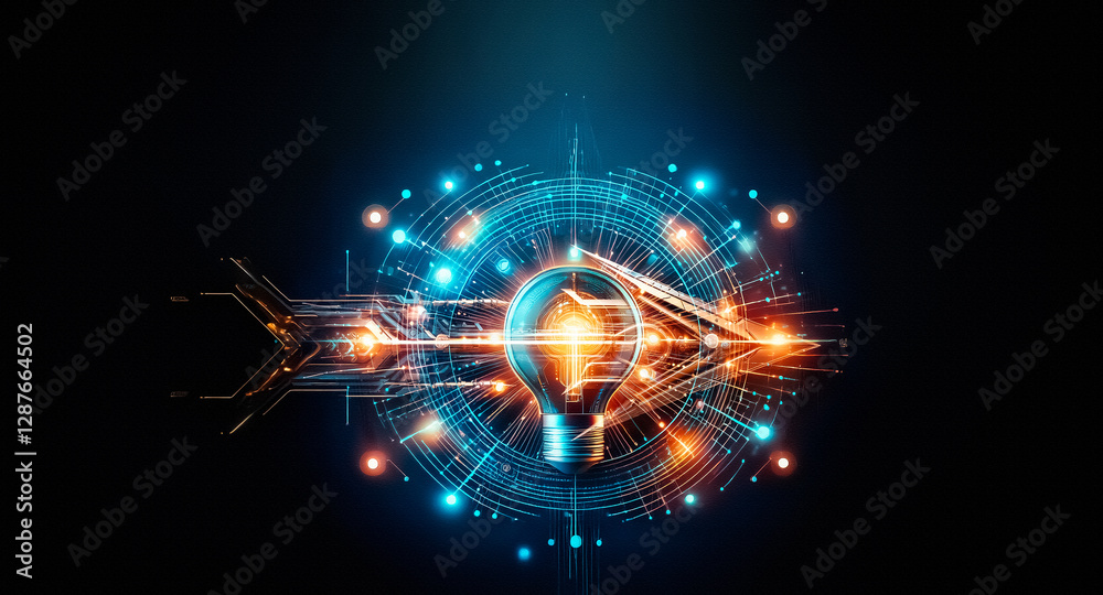Aufkleber glowing lightbulb surrounded by abstract digital elements in blue and orange on a black background. 