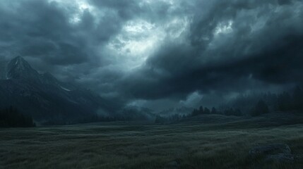 Obraz premium 40.A cinematic depiction of heavy, churning storm clouds gathering over a serene mountain range, casting deep shadows across the open field below. The contrast between the ominous sky and the
