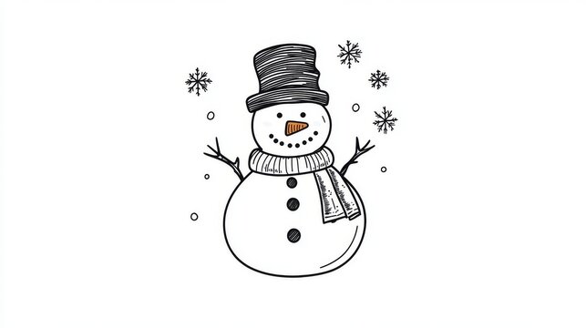 10.A classic snowman drawing using adjustable stroke line art, featuring a cozy scarf, a round body, and detailed snowflakes falling gently from above. The design is simple yet rich in character,
