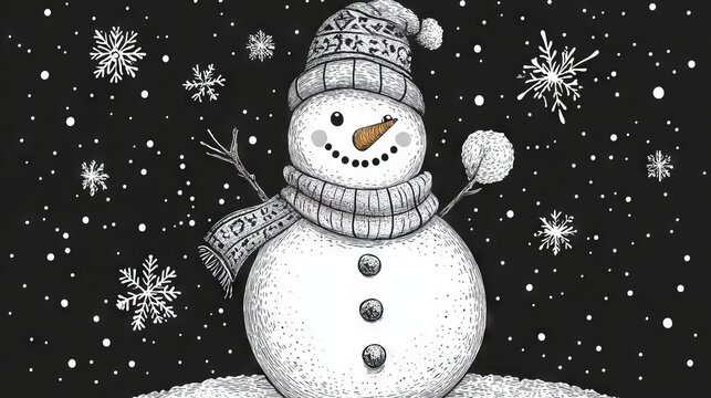 10.A classic snowman drawing using adjustable stroke line art, featuring a cozy scarf, a round body, and detailed snowflakes falling gently from above. The design is simple yet rich in character,