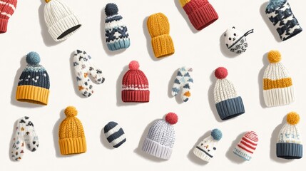23.A detailed illustration of cold-weather gear for children, showcasing a variety of knit hats, gloves, and mittens. The designs include cozy textures, pastel colors, and fun elements like tassels,
