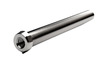 3D render of a long, shiny silver metal screw thread bar isolated on transparent background