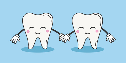 Cute smiling white healthy teeth characters. Dental care and treatment kids concept illustrations. Dental clinic mascot. Cartoon vector illustration