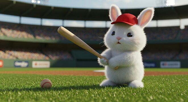 Baseball bunny holding a bat on the baseball field