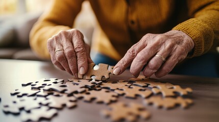 Dementia symptoms in a senior struggling to complete a puzzle in a living room. Featuring cognitive difficulties and confusion