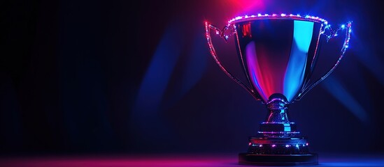 A shiny trophy with neon lights shining on it, placed against an illuminated background. 