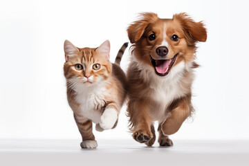 Obraz premium A picture of a cat and a dog running together is a cute animal generative ai
