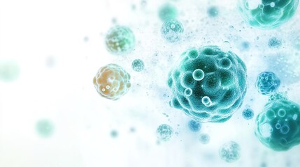 A white background with light blue and green cell-like images floating in the air, representing cells or microscopic organisms.