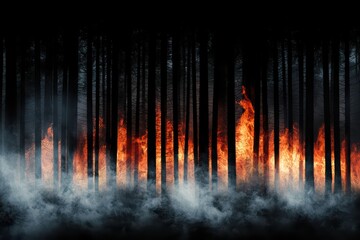 Naklejka premium Devastating Fire in a Dark Forest with Smoke and Flames