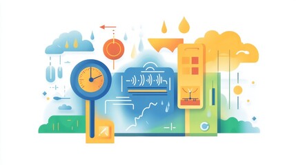 Naklejka premium 29.A stylized illustration of a weather forecasting system in action, with a rain gauge, barometer, and cloud activity icons. The setup features a clean and organized layout with color-coded elements