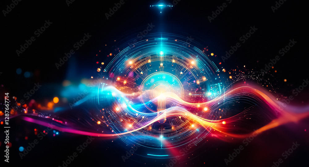 Leinwandbilder futuristic abstract glowing circle design. blue and orange lights on dark backdrop create a technolo