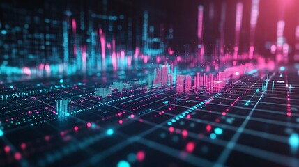Abstract light beams representing financial statistics, glowing with soft gradients of teal and pink, dynamic intersections creating a futuristic diagram,