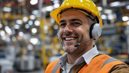 A cheerful male worker wearing a safety helmet and protective gear speaks on a headset in a bustling factory environment, emphasizing industry safety and productivity