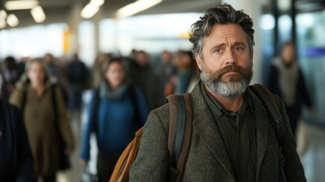 Airport customs with long lines due to strict import regulations, frustrated travelers,