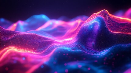 Abstract pixelated waveforms visualizing financial data in motion, glowing with vibrant neon colors, smooth transitions between cyan and magenta hues, sleek dark backdrop,