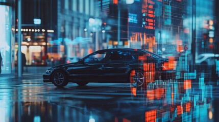 American car dealership struggling with rising import costs, customers hesitant, financial charts on screen,