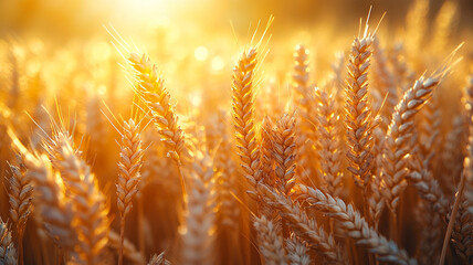 Golden wheat field bathed in sunset's warm glow, a breathtaking harvest scene full of nature's abundance and the promise of nourishment.
