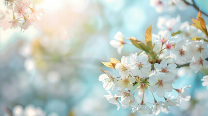 Fototapeta premium Branches of cherry blossom against light blue sky background in sunlight. Spring time. Beautiful image of spring nature. Soft focus.