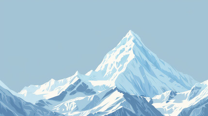 Peak of white snow-capped mountain with gentle snowy slopes and sharp stone teeth against background of pale blue clear gradient sky. Banner. Copy space for text