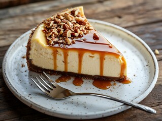 キャラメルソースとナッツをトッピングしたベイクドチーズケーキ | Baked Cheesecake with Caramel Sauce and Nuts