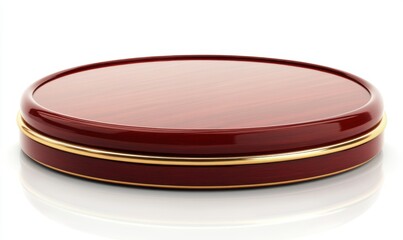 Round wooden podium with gold trim on white for product display