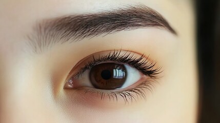 Obraz premium Close-up of a beautiful woman's eye with thick eyebrows and eyelashes. Macro shot of a female model with brown eyes looking at the camera.