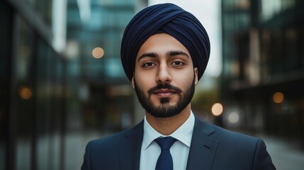 Photo of an attractive young Sikh man in a suit and turban, standing outside a modern office building in London with a blurred background.