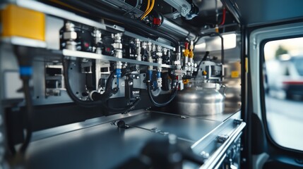 Naklejka premium Close-up of an NGV fuel system inside a vehicle, showcasing high-pressure gas tanks, safety valves, and reinforced pipelines