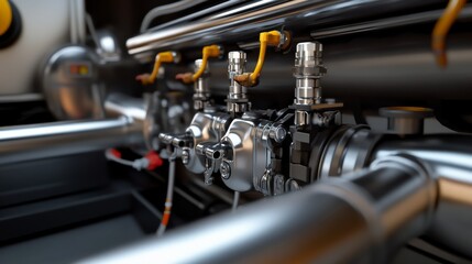 Fototapeta premium Close-up of an NGV fuel system inside a vehicle, showcasing high-pressure gas tanks, safety valves, and reinforced pipelines