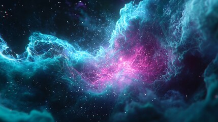 An abstract visualization of a data matrix exploding, vibrant particles glowing with neon hues of teal and purple, intricate grid lines dissolving into light trails, dark futuristic backdrop,