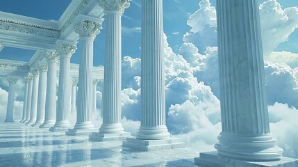 Heavenly white marble columns and architecture above clouds.