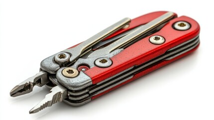 A compact multi-tool with various screwdriver heads and a folding design, isolated on a white background