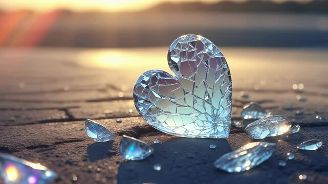 A shattered glass heart lies on the ground, reflecting morning sunlight, symbolizing love, heartbreak, and emotional fragility.