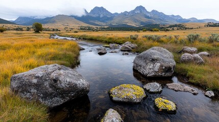 Naklejka premium Calm stream flows through autumnal valley, mountains backdrop