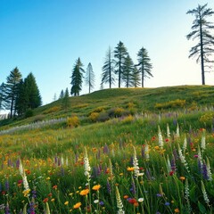 Obraz premium A hillside with a meadow full of colorful wildflowers and tall trees, wildflowers, trees, meadow