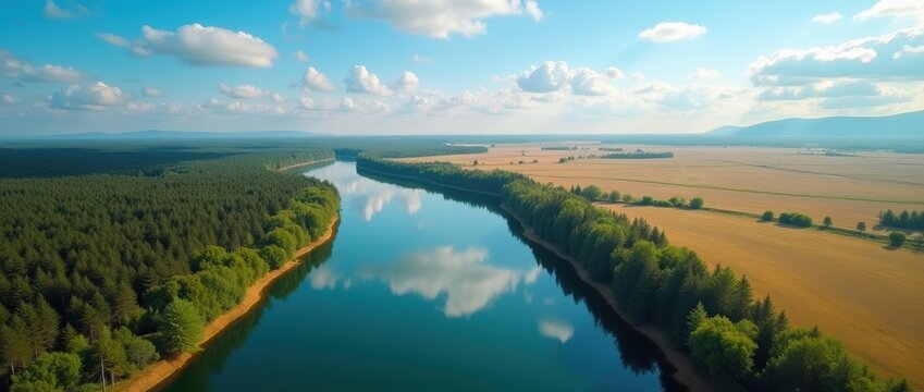 Aerial View of a Winding River,lush green forests and golden meadows. Breathtaking Nature Landscape. International Day of Rivers
