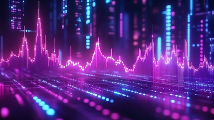 Fototapeta premium Digital origami folds arranged into a dynamic financial chart, glowing edges in bright neon hues of cyan and violet, intricate geometric lines visualizing economic data, dark sleek backdrop,