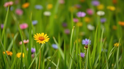 A lone flower blooms in a sea of green blades, meadow, wildflowers, nature scenery