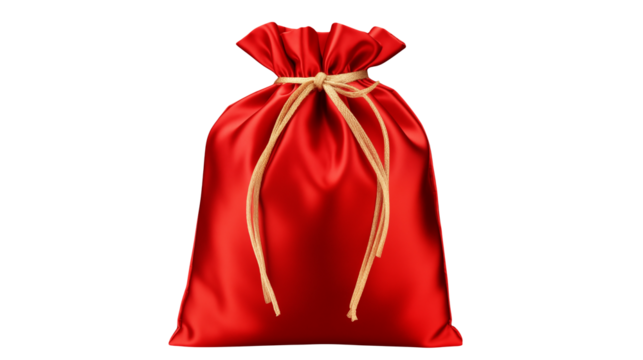 Red Satin Gift Bag with Tan Twine Festive Holiday Present Sack Christmas Decoration Elegant Packaging Luxury Accessory