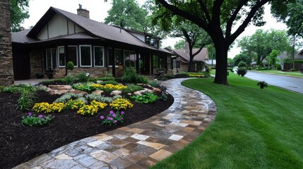 Naklejka premium Beautifully landscaped garden with stone pathway beside a charming home on a sunny day