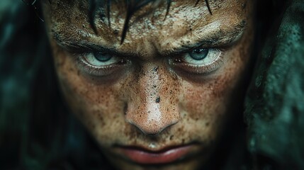 A close-up of a face and eyes, looking angry with the head slightly tilted back in a frontal view, wearing camouflage .