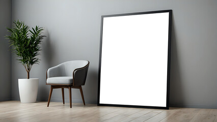 modern interior design mockup with blank frame, armchair and plant, simplicity, minimalist, 300dpi, 3d