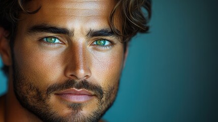 Obraz premium A close-up portrait of an attractive male model with green eyes, dark hair, and a short beard, posing for the camera.